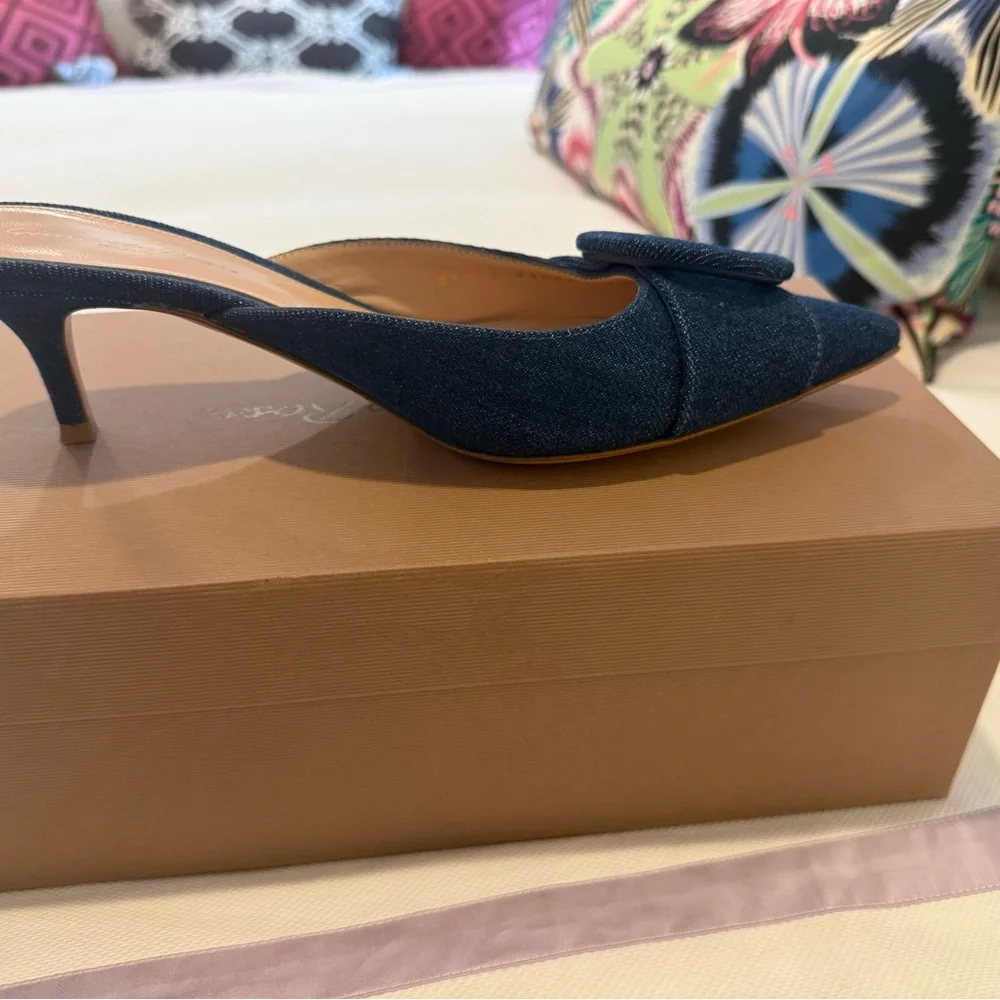 Gianvito Rossi Blue Portofino Mules with Bow Detail - Picture 5 of 6
